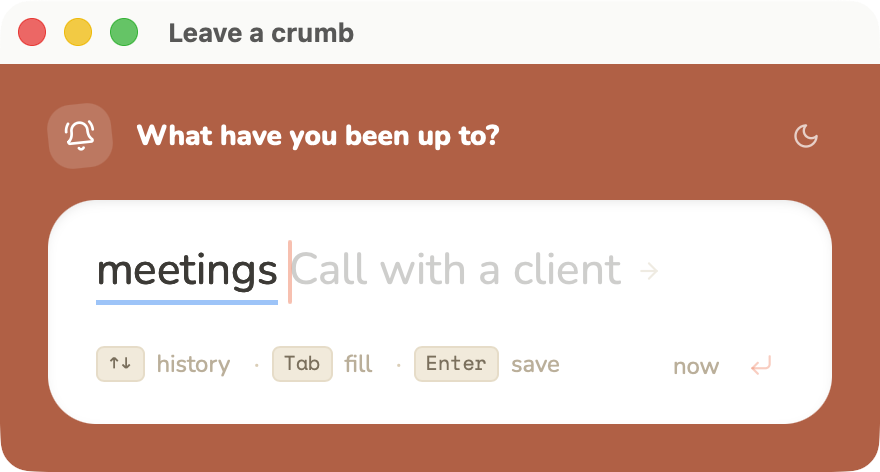 Crumbs check-in with quick suggestions